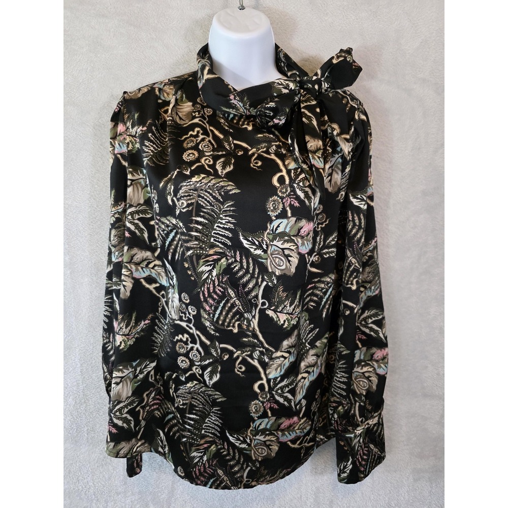 EUC Banana Republic Blouse Women Large Black Floral Tie Neck Office Contemporary - Picture 6 of 13